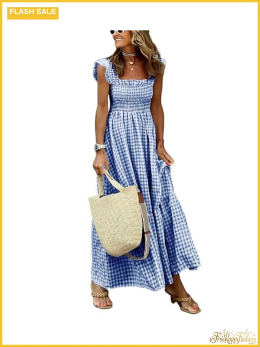 Women's Retro Plaid Smocked Dress Spaghetti Strap Flounce Long Dress with